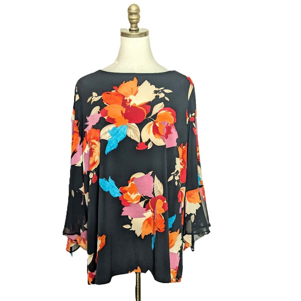Susan Graver Large Floral Print Tunic Top Plus Size 1X Multicolor Chiffon Cuffs
